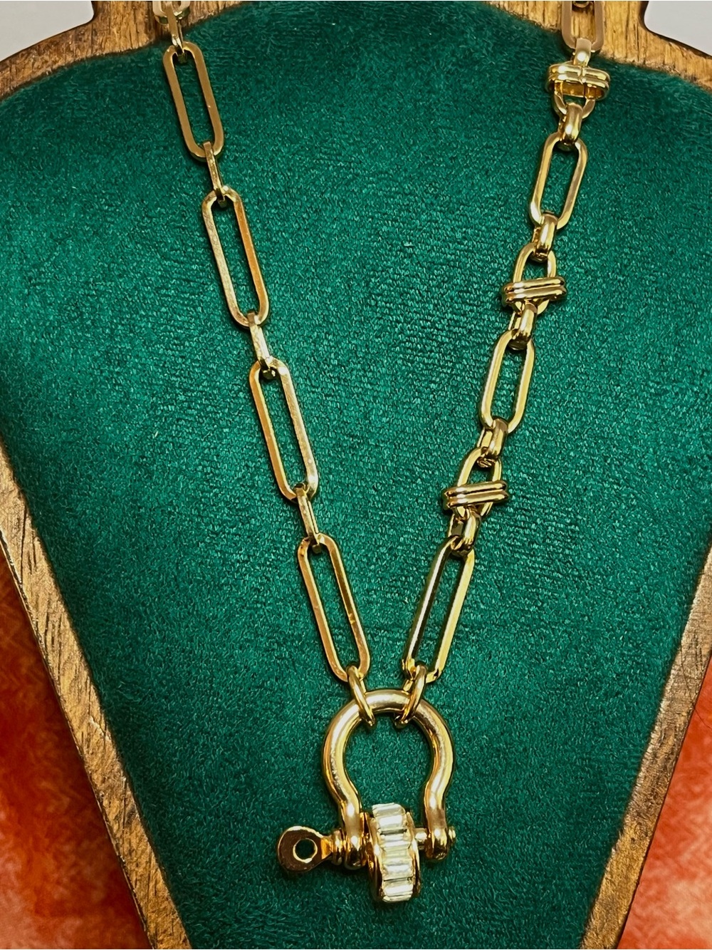 Gold Dual-Link Necklace w/ Horse-bit Crystal Pendant that is Functional 16-18”